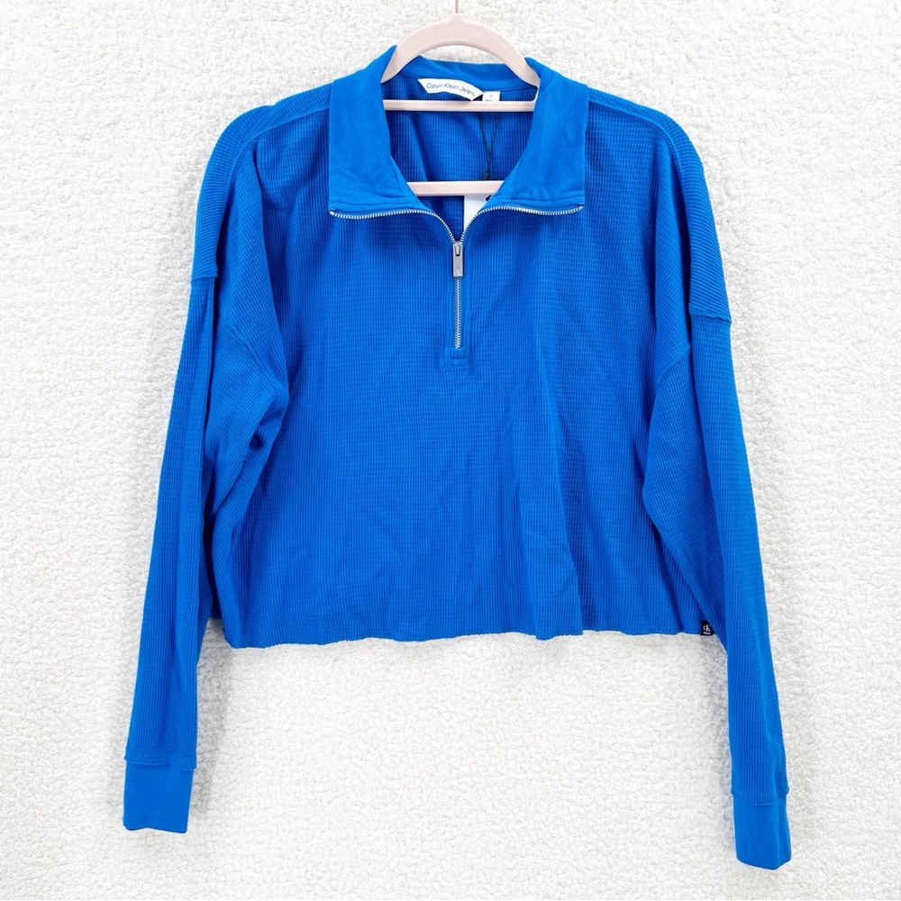 Calvin Klein Waffle Knit Blue  Long Sleeve Crop Half Zip Top Size XS And M NWT